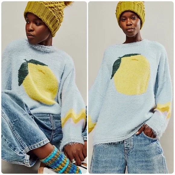 New! Free People Just Peachy Light Blue Lemon Fuzzy Eyelash Sweater 🍋 Medium NWT - Picture 1 of 12